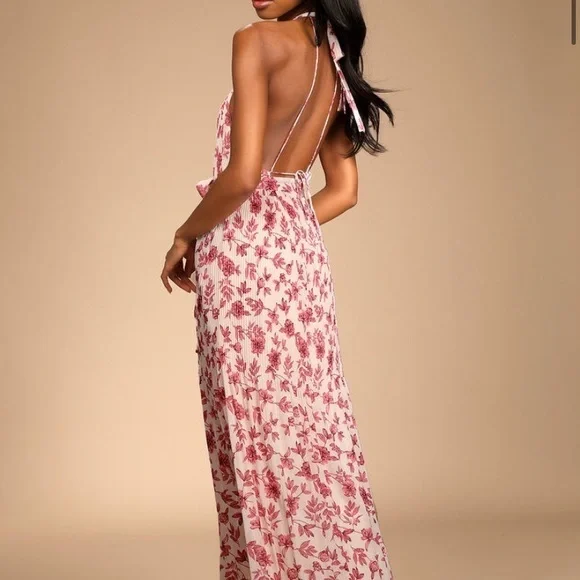 Lulus | Dresses | Lulus Extravagant Entrance Cream Floral Pleated Halter  Maxi | Poshmark